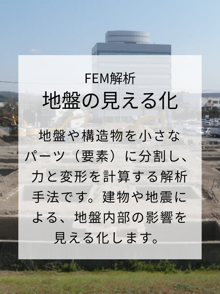【地盤の中を"見える化"する技術】 地盤や構造物にかかる力と変形を、コンピュータで数値的に予測する技術がFEM解析です。地盤の中で何が起きているかを、当社では3Dモデルによる解析をすることで見える化し、より精密な設計につなげています。