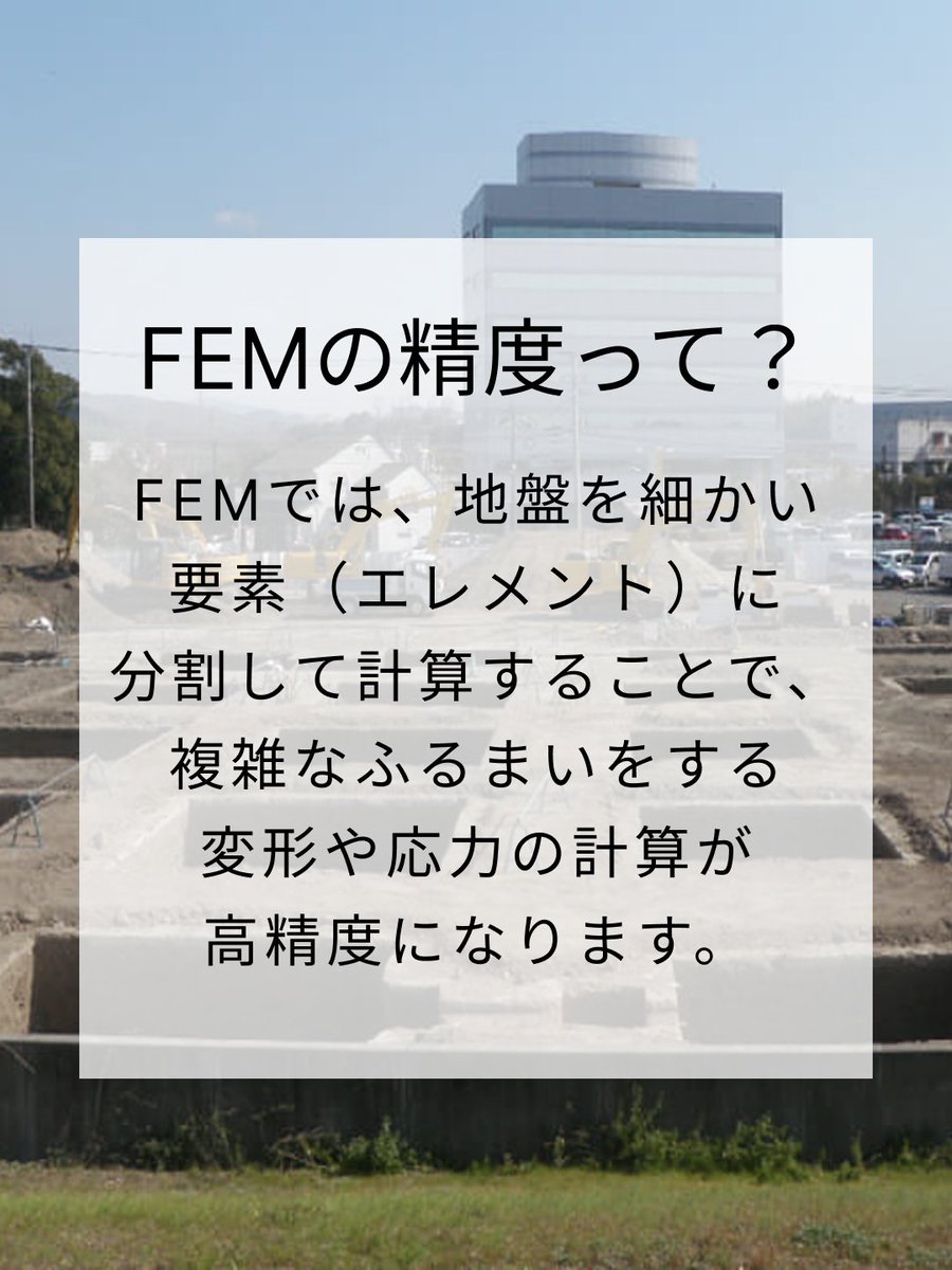 【FEMの精度って？】 FEMでは、地盤調査や建物の荷重条件などの実データを活用し、さらに地盤を細かい要素（エレメント）に分割して解析します。 この手法により、構造や地盤に生じる力の伝達や変形を高い精度でシミュレーションできます。 私たちTNF Ground